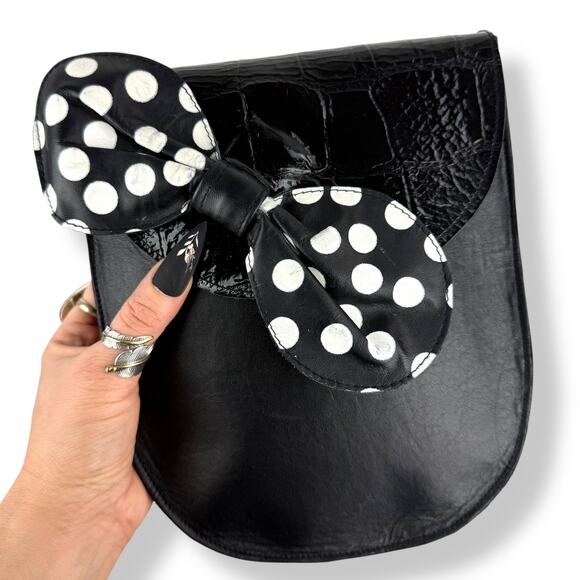 1960's handmade black leather polka dot bow handbag by FREDA ZAPPAN Philadelphia - Picture 11 of 14